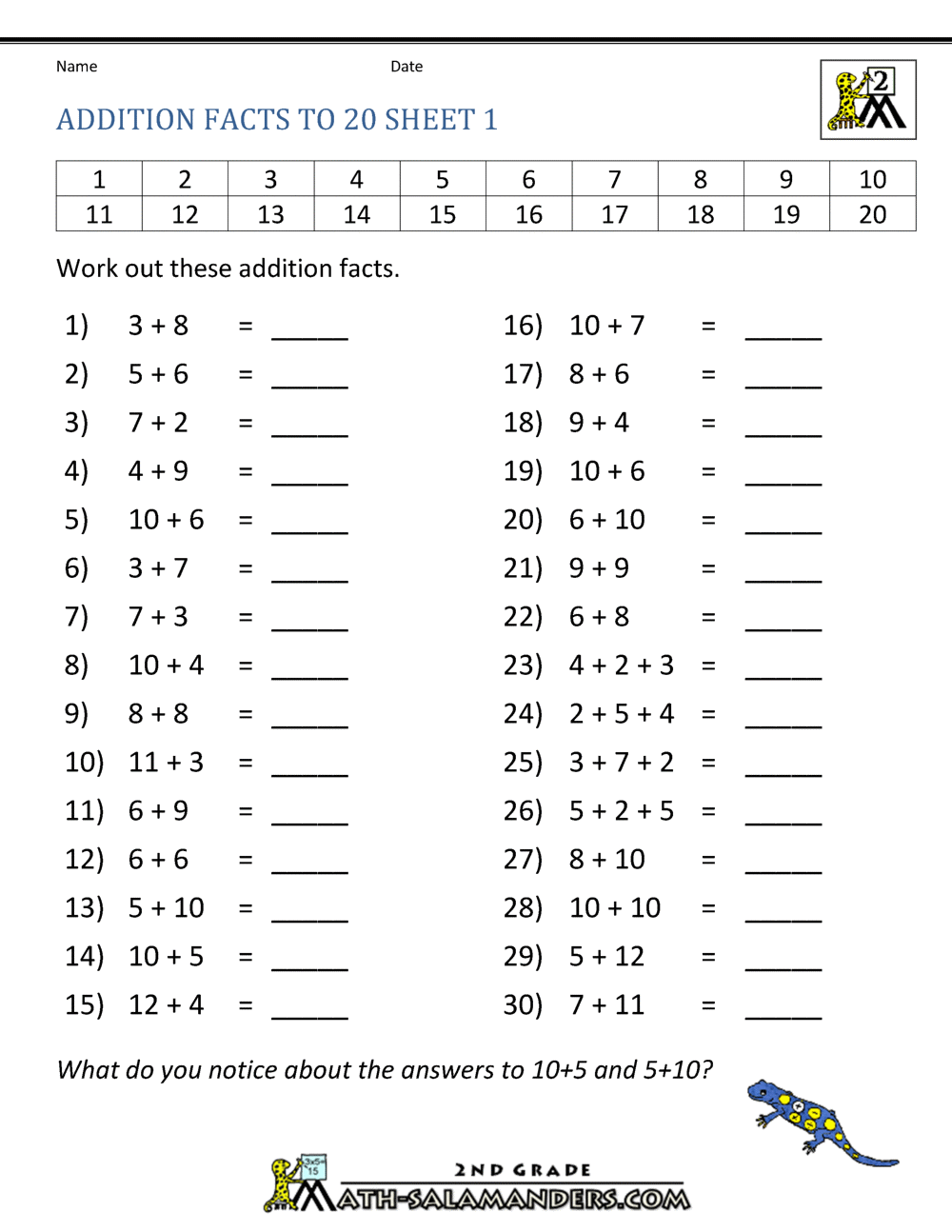 Math Addition Facts To 20 Math Addition Facts To 20