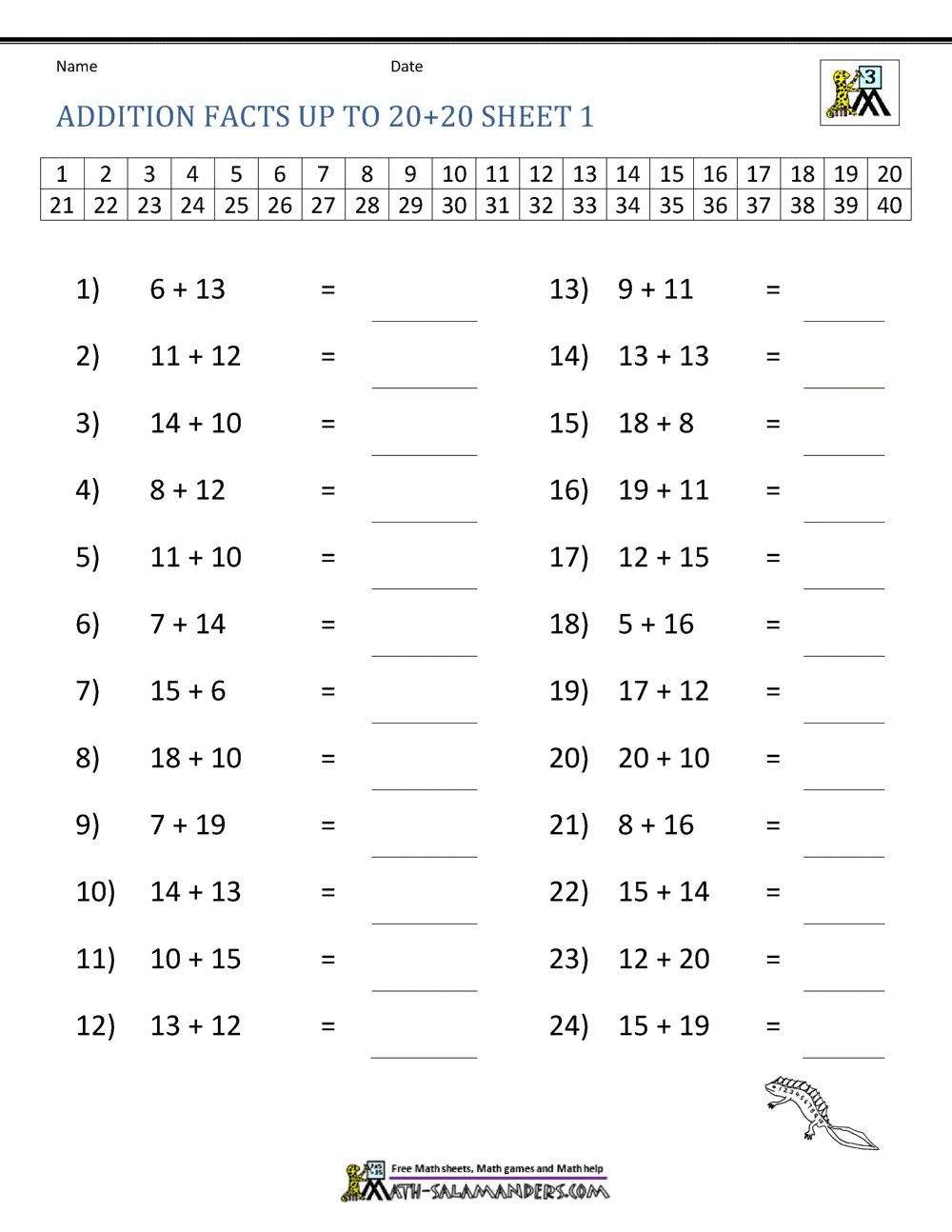 Math Addition Facts To 20 Basic Math Facts Worksheet A Comprehensive Practice Tool Free Printables For Kids