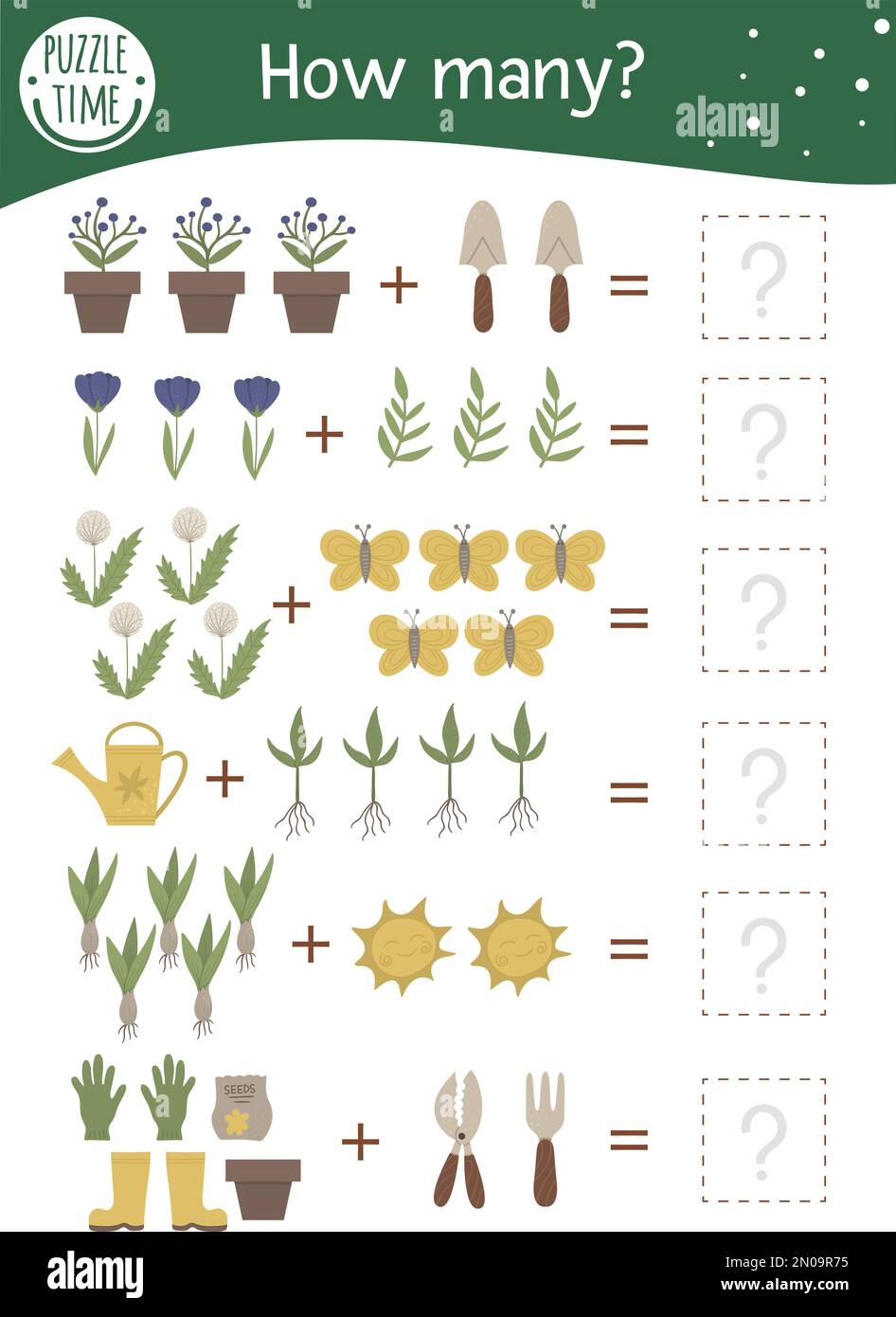 Math Game With Garden Symbols Spring Mathematic Activity For Preschool Children Printable Counting Worksheet Educational Addition Riddle With Cute Stock Vector Image Art Alamy Spring Matching Game With Cute Kawaii Tulips In Cup Garden Math Activity For Preschool Kids Educational Printable Easter Counting Worksheet With Car Stock Vector Image Art Alamy
