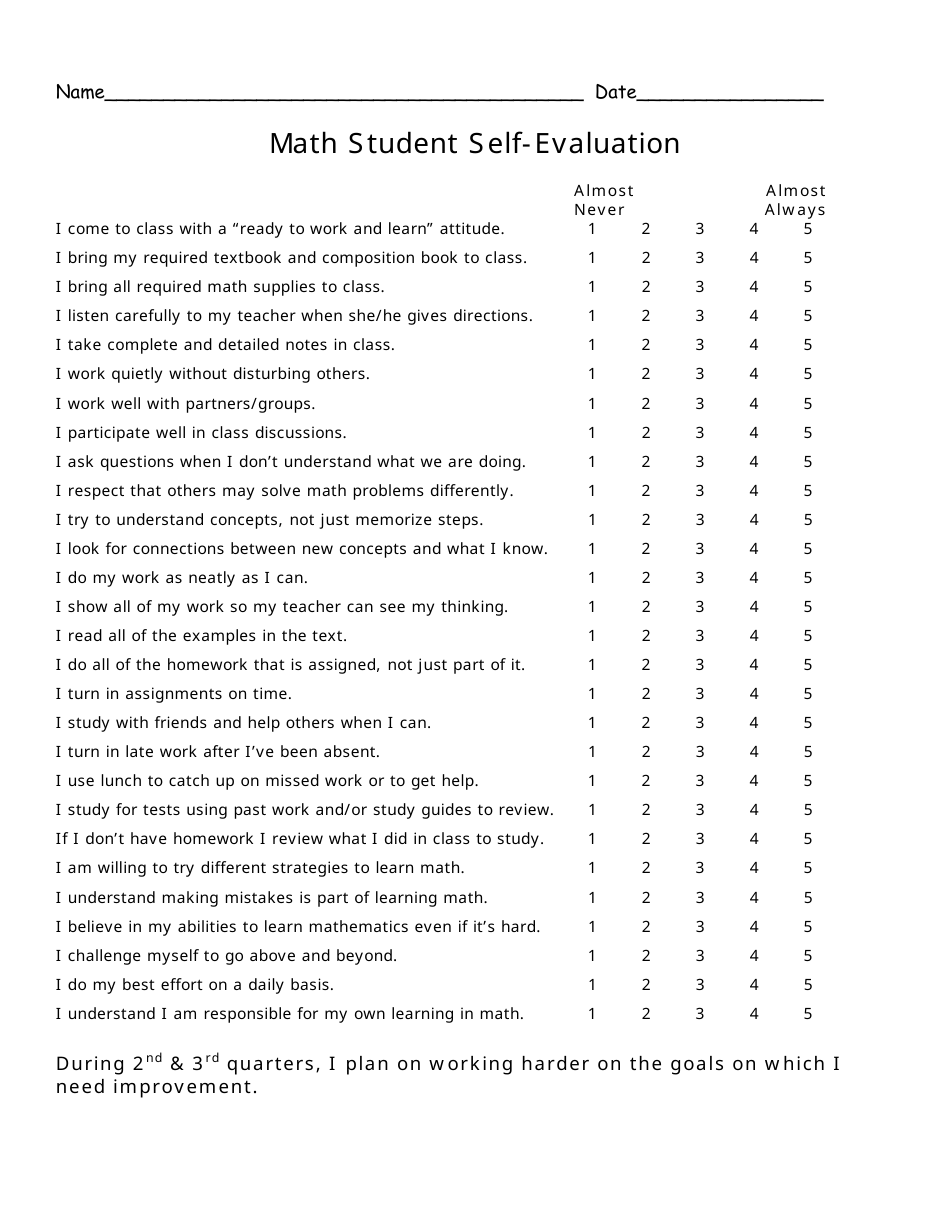 Math Student Self evaluation Form Fill Out Sign Online And Download PDF Templateroller
