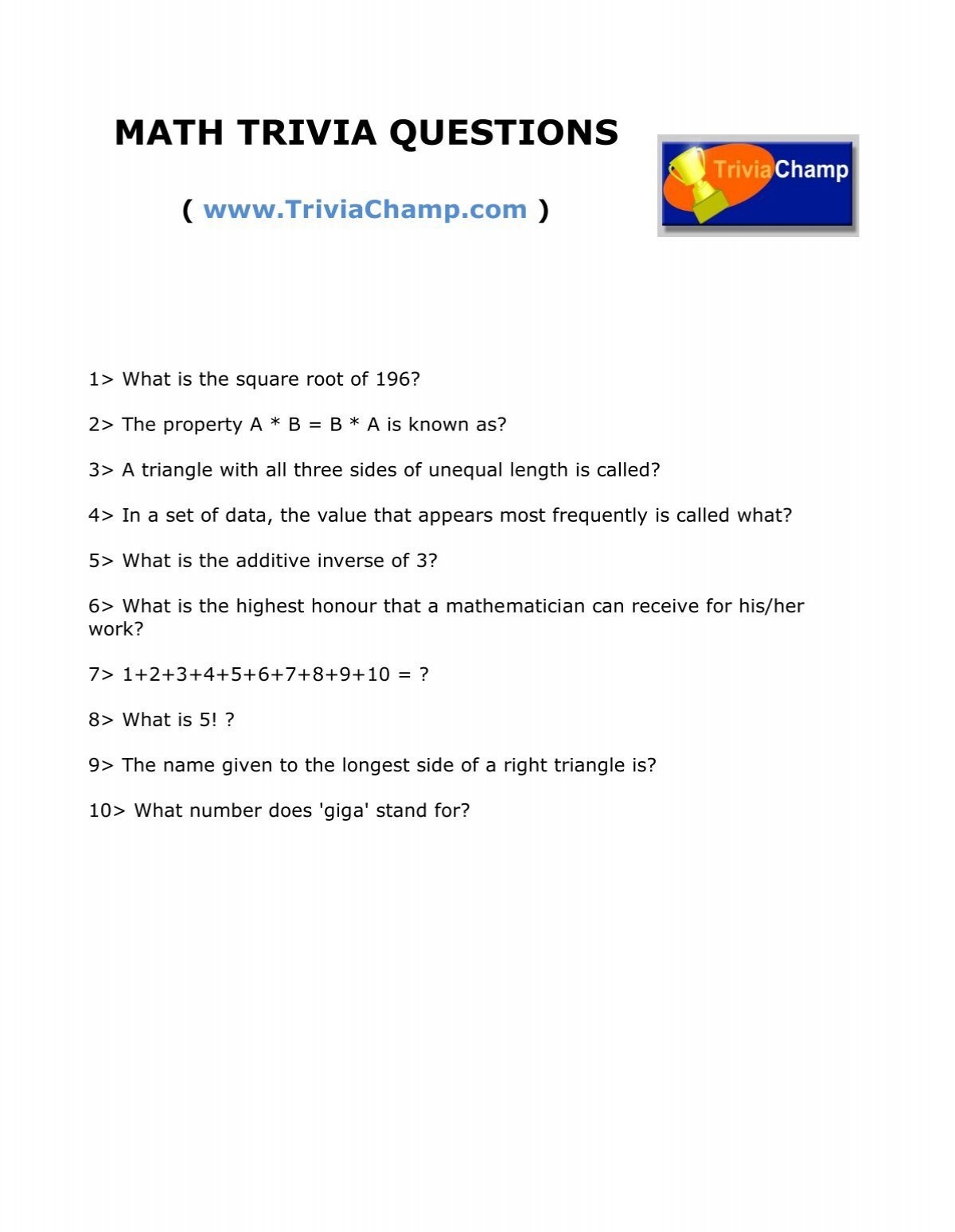 MATH TRIVIA QUESTIONS Trivia Champ MATH TRIVIA QUESTIONS Trivia Champ