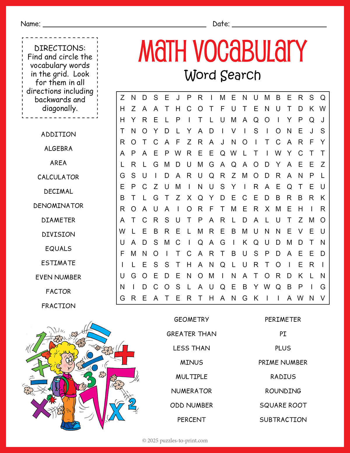 Math Vocabulary Word Search Math Words Word Search Printable