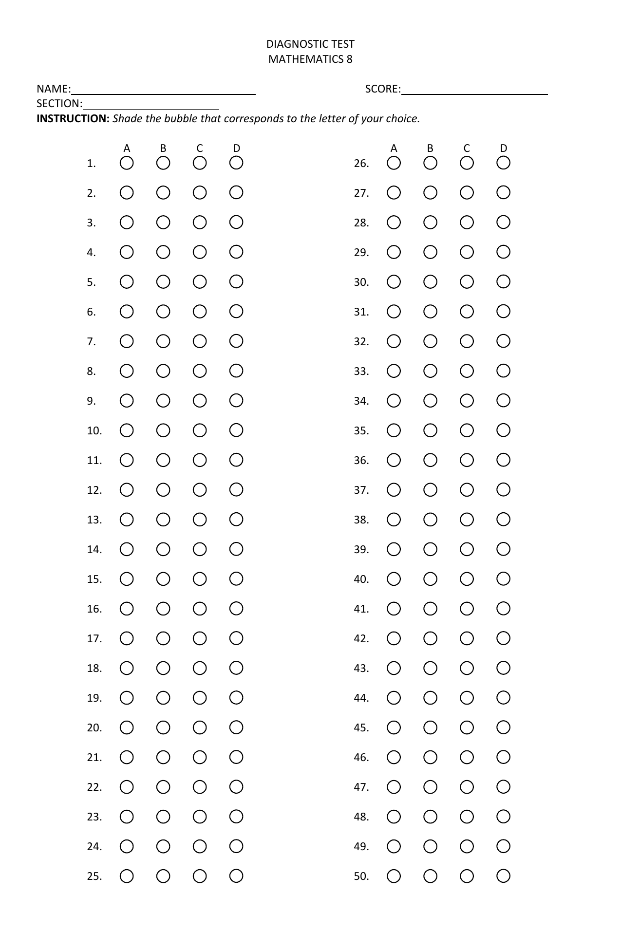 Mathematics 8 Diagnostic Test