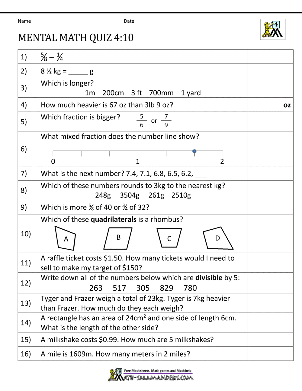 Mental Math 4th Grade Mental Math 4th Grade