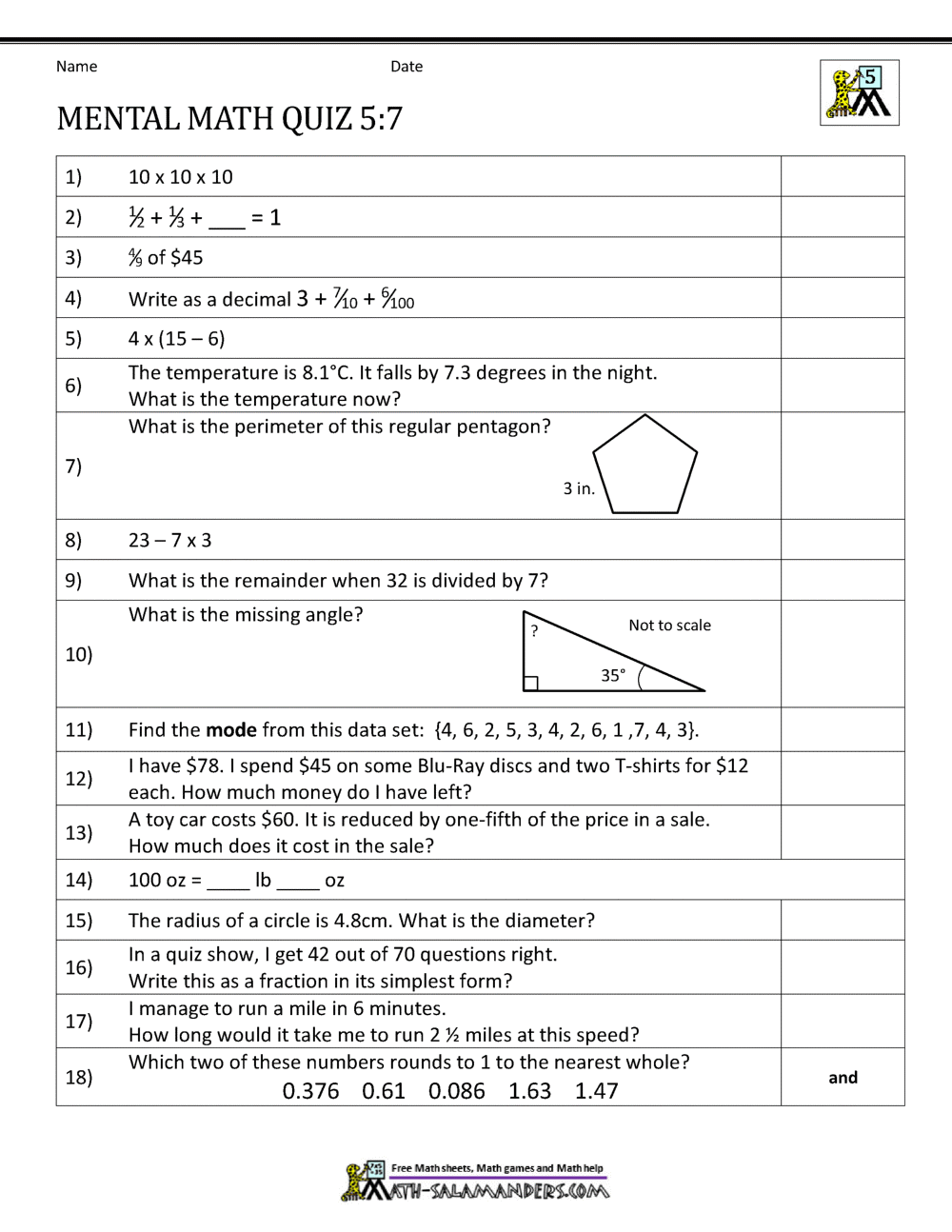 Mental Math 5th Grade