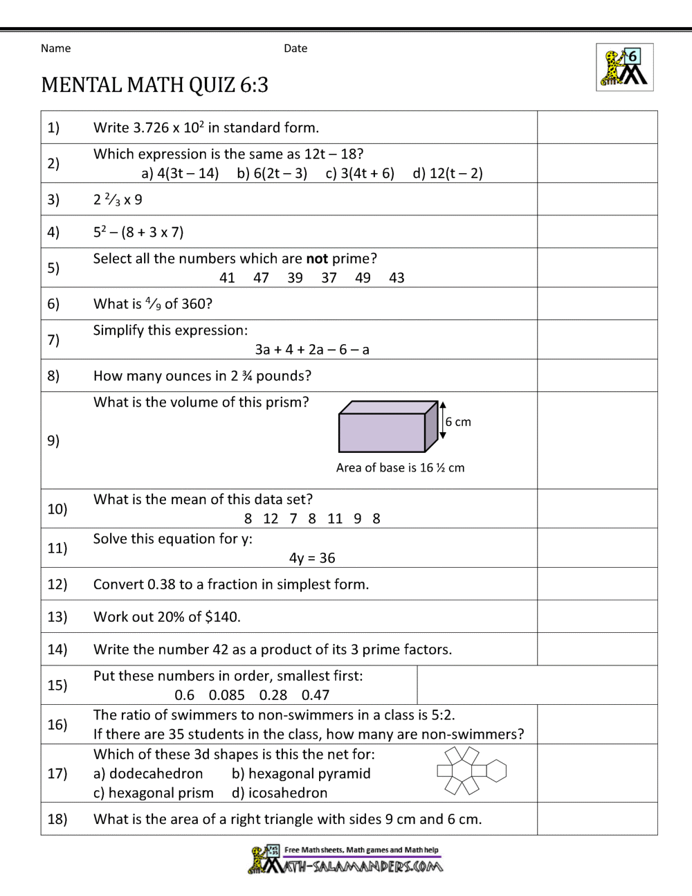 Mental Math 6th Grade