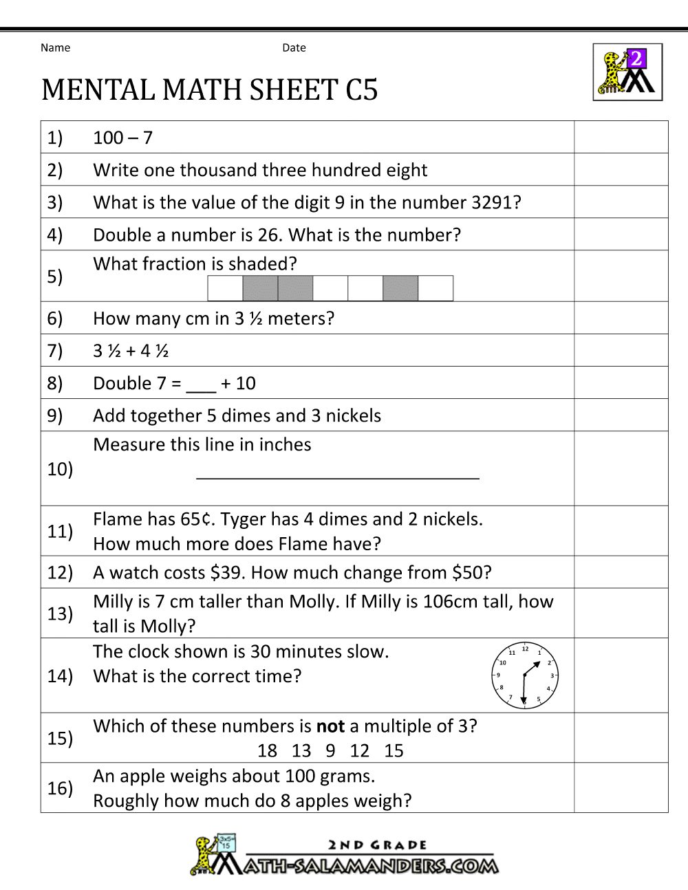 Mental Math Worksheet 2nd Grade Mental Math Worksheet 2nd Grade