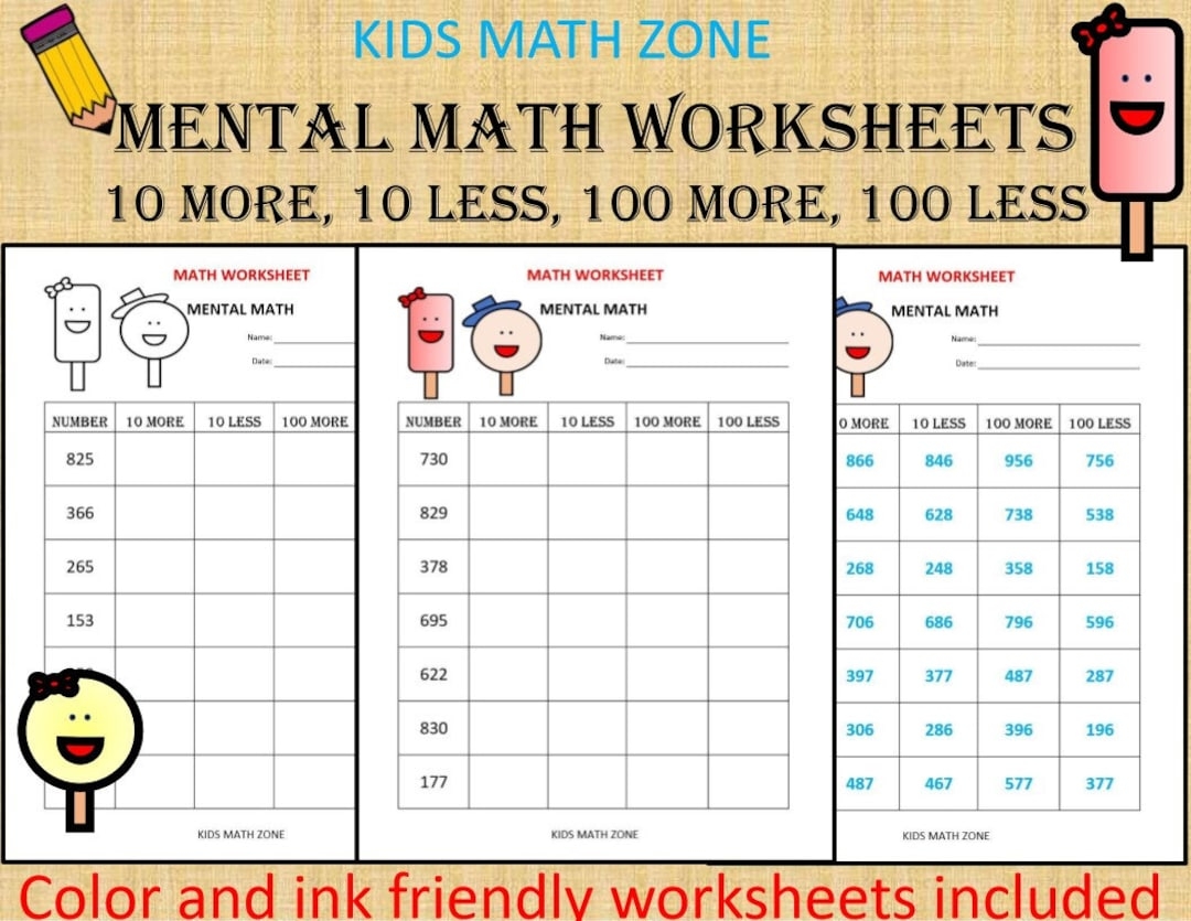 Mental Math Worksheets Grades 1 2 10 More Less PDF Download Etsy