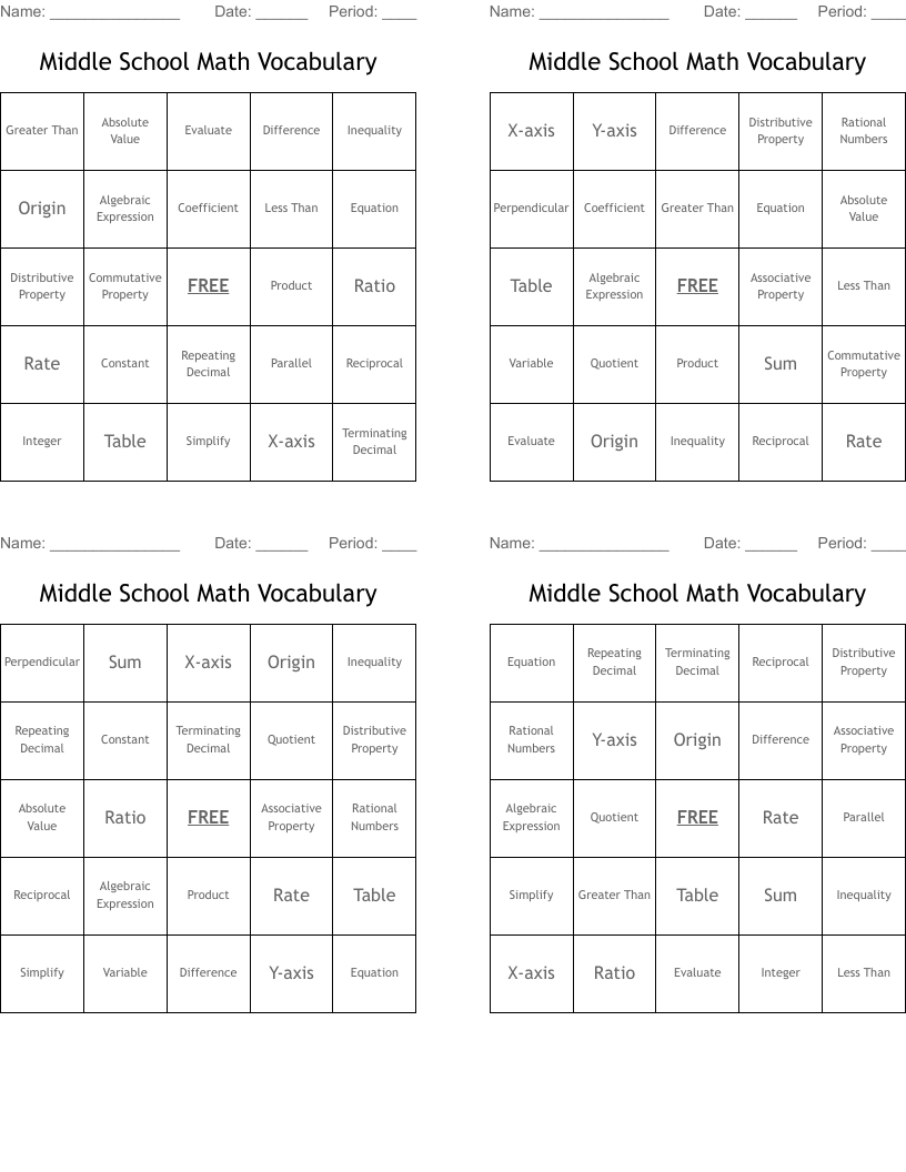 Middle School Math Vocabulary Bingo Cards WordMint Middle School Math Vocabulary Bingo Cards WordMint