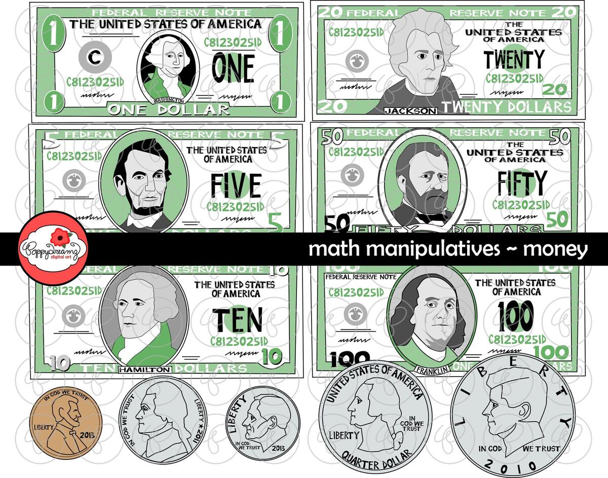 Money Clipart Set 300 Dpi School Teacher Clip Art Math Manipulatives Dollar Bills Penny Quarter Dime Nickel Five Ten Twenty Etsy