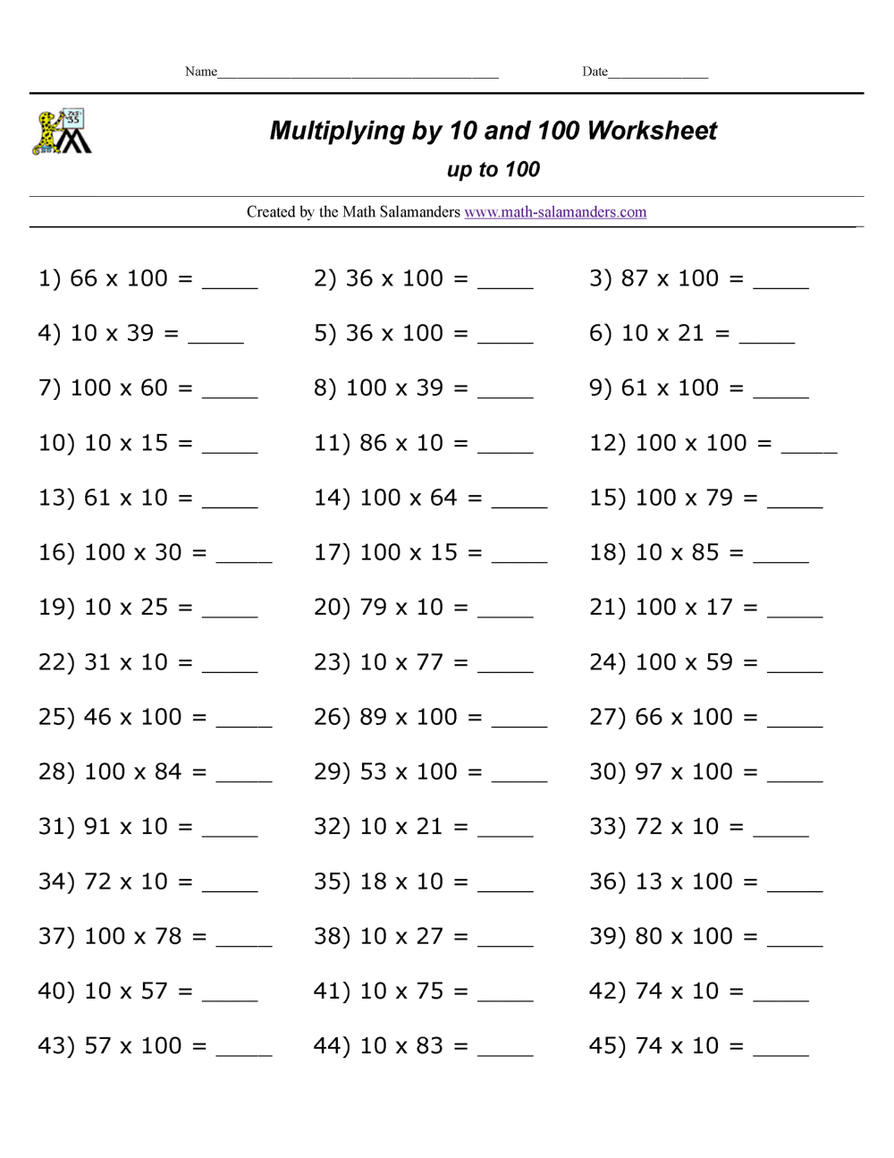 Multiplying By 10 And 100 Worksheets Multiplying By 10 And 100 Worksheets