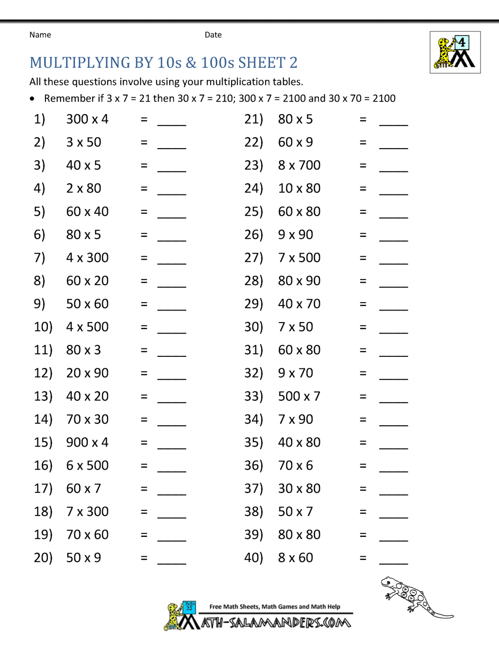 Multiplying By Multiples Of 10 Multiplying By Multiples Of 10