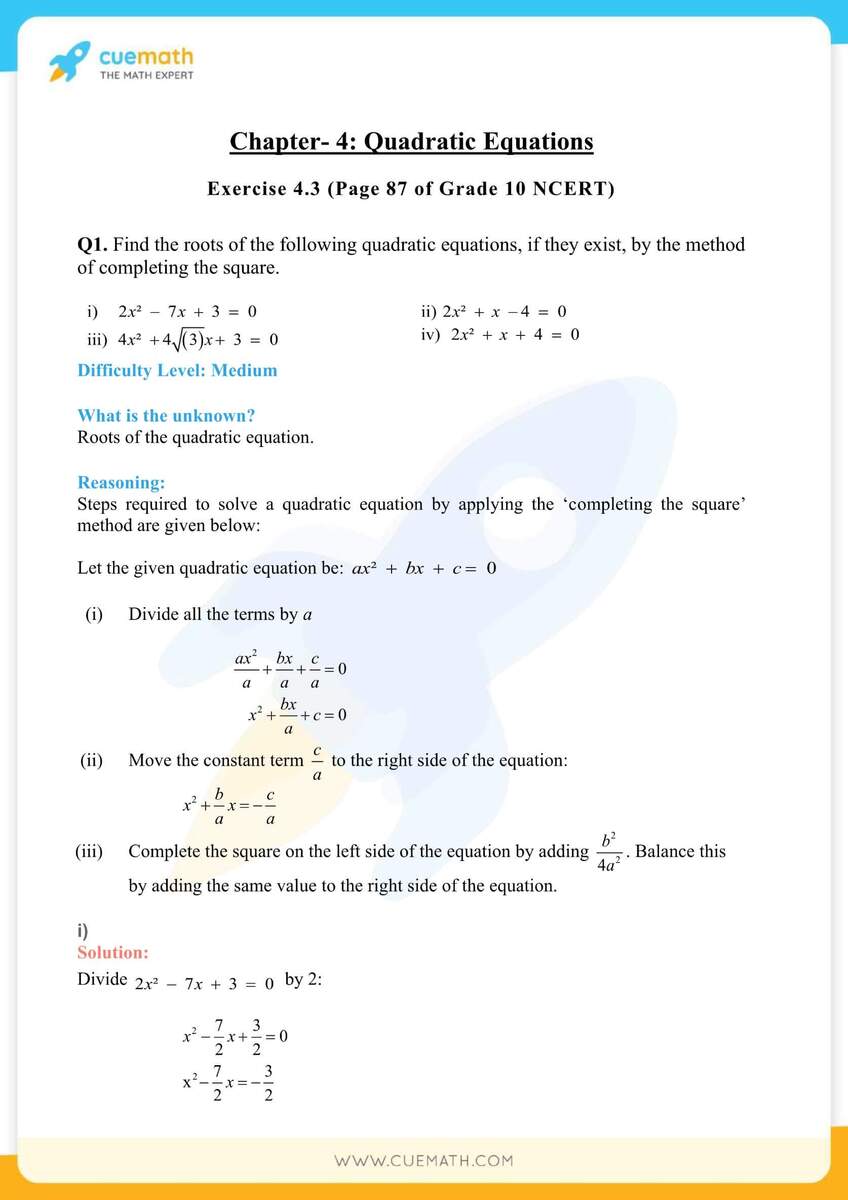 NCERT Solutions Class 10 Maths Chapter 4 Exercise 4 3 Free PDF NCERT Solutions Class 10 Maths Chapter 4 Exercise 4 3 Free PDF