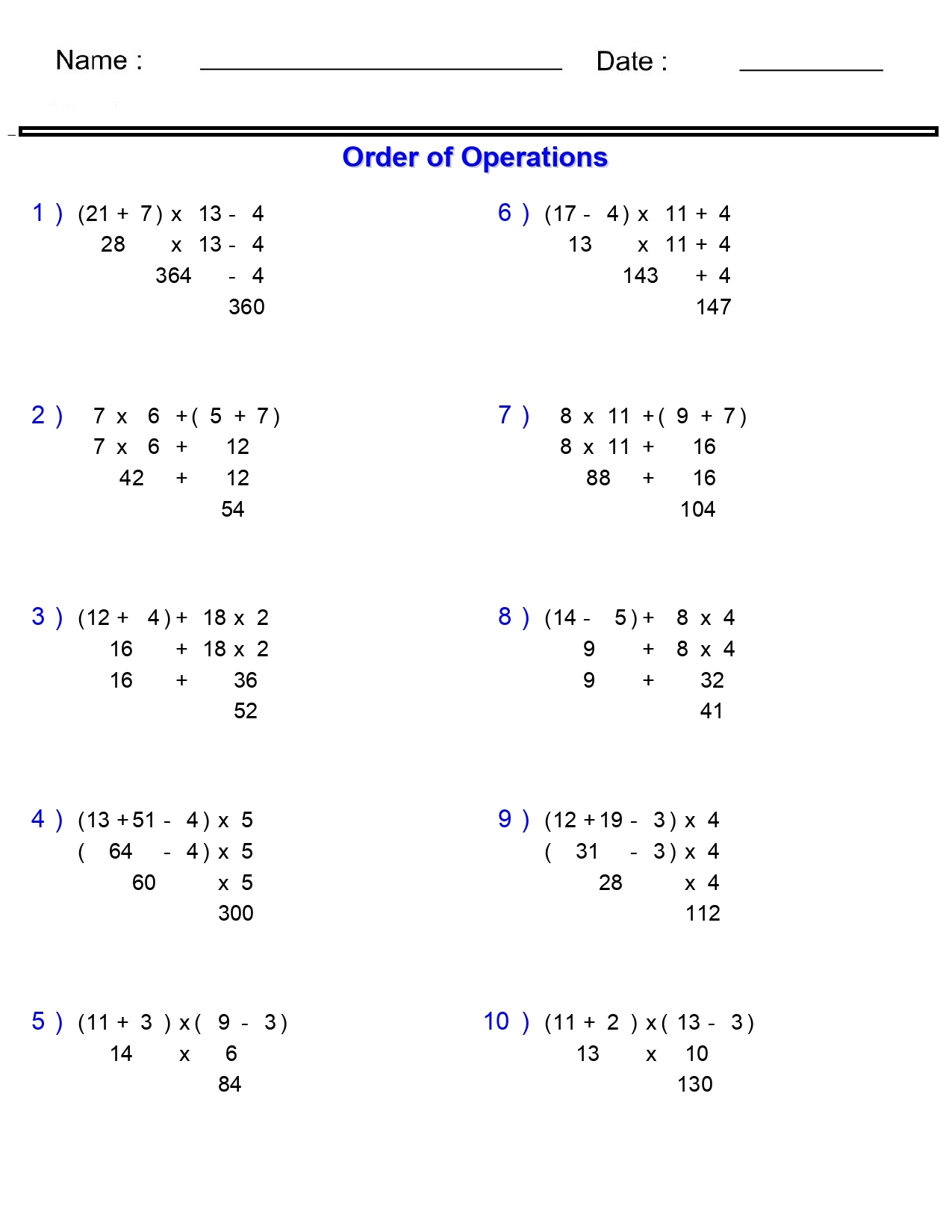 Order Of Operations Without Division Worksheets Basic With Parentheses Made By Teachers Printable Order Of Operations Digital Worksheets Activities For 4th 5th Grade Made By Teachers
