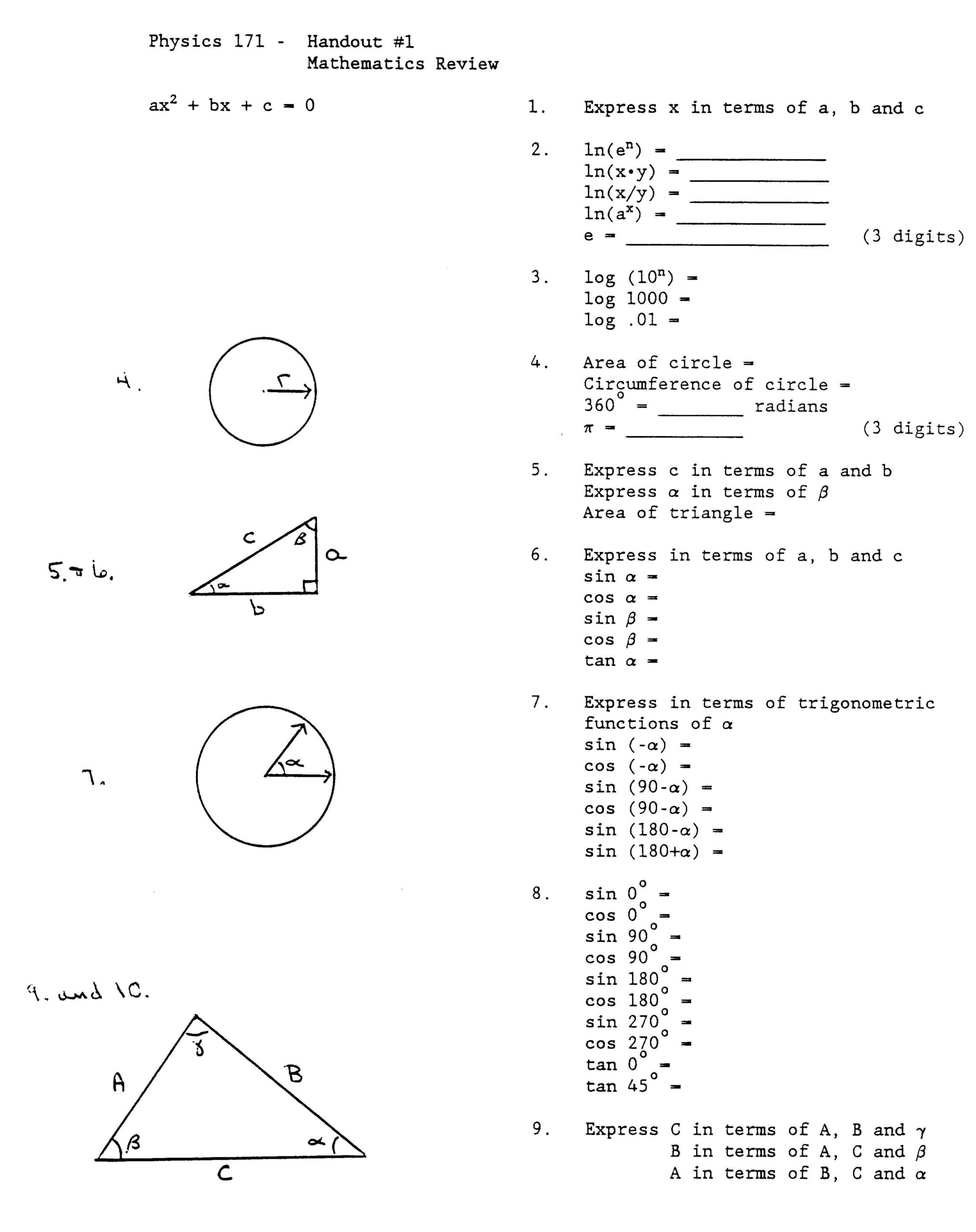 Physics 171 Math Review Worksheets Library