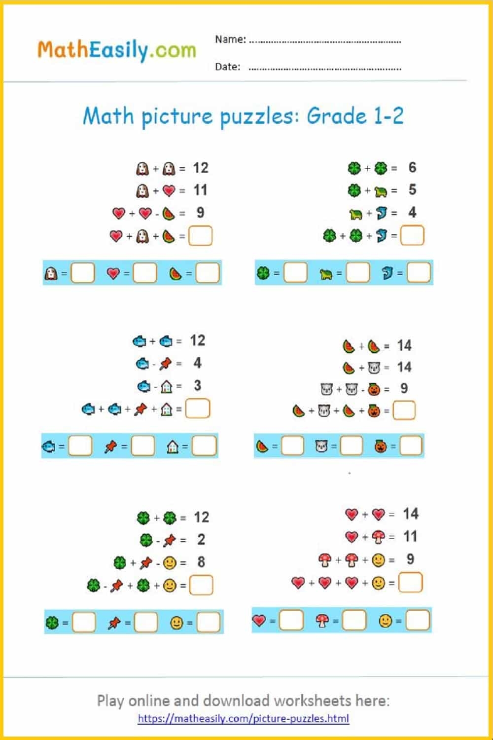 Picture Equations Puzzles ONLINE Printable