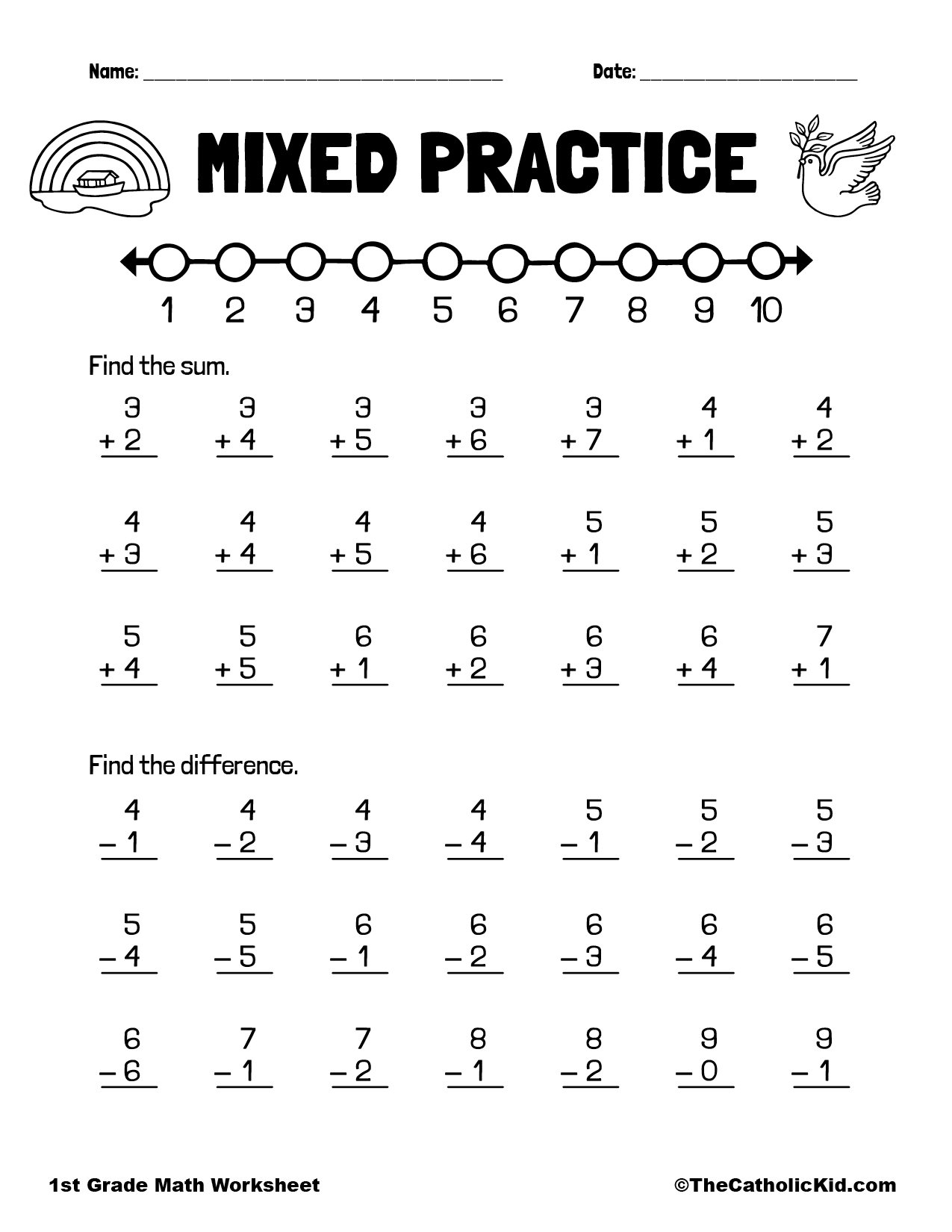 Practice Addition Subtraction 1st Grade Math Worksheet Catholic TheCatholicKid Addition And Subtraction Worksheets Superstar Worksheets
