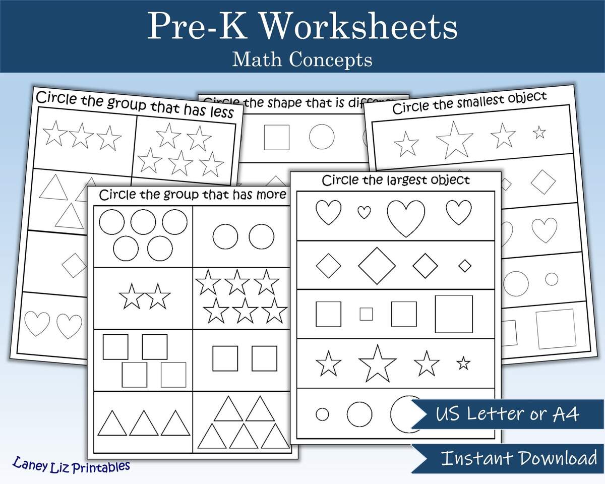 Pre K Worksheet Math Concepts More Less Smallest Biggest Preschool Kindergarten Etsy