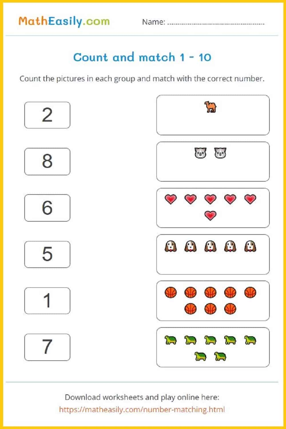 Printable Kindergarten Math Worksheets PDF Free Download Number Matching Worksheets 1 10