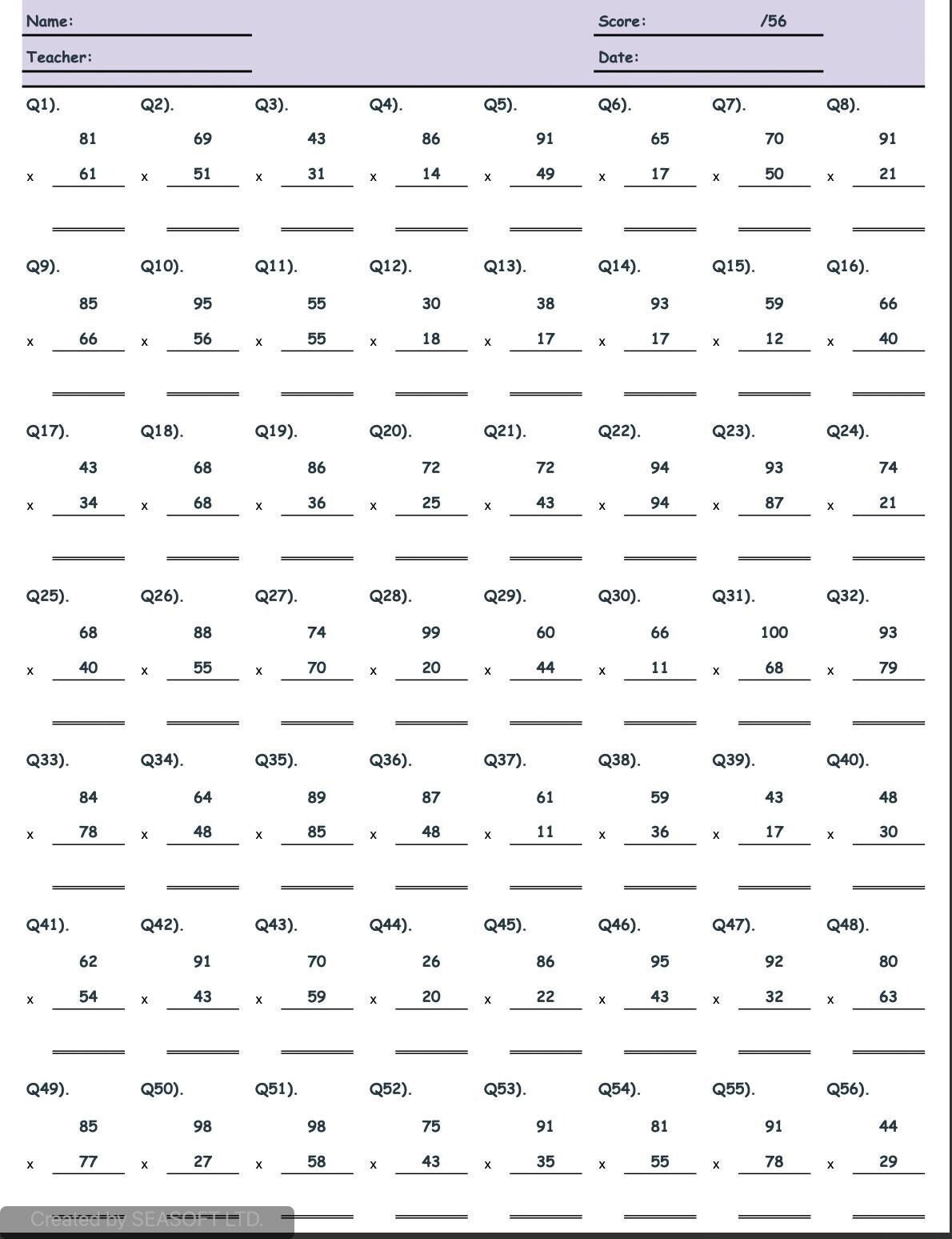 Printable Math Worksheets Multiplication Homeschool Instant Download With Answers Etsy Finland Multiplication Worksheets K12 Math Worksheets