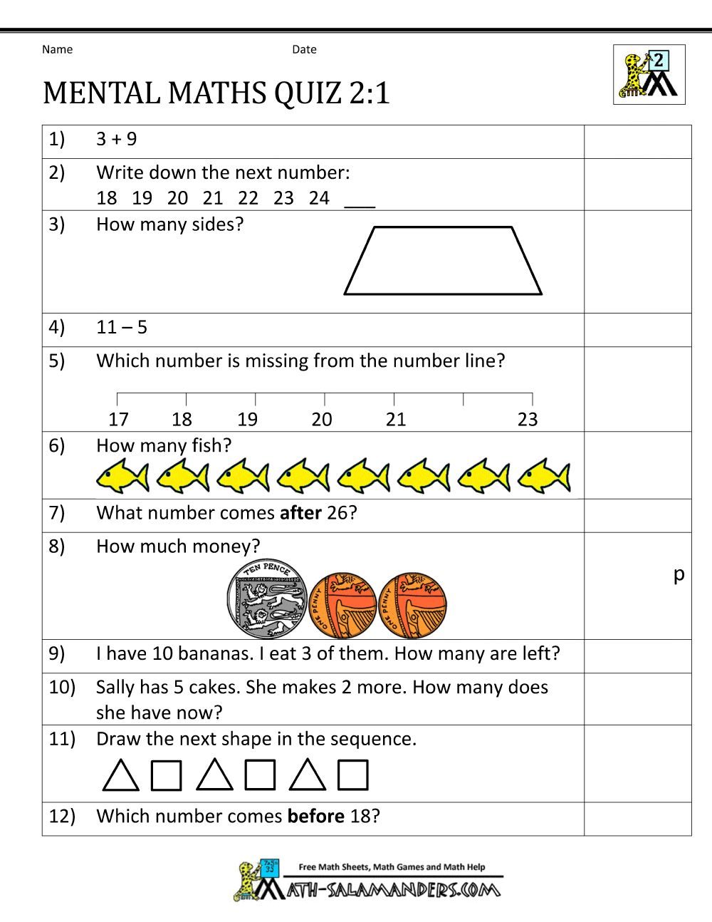 Printable Mental Maths Year 2 Worksheets Mental Math Worksheet 2nd Grade
