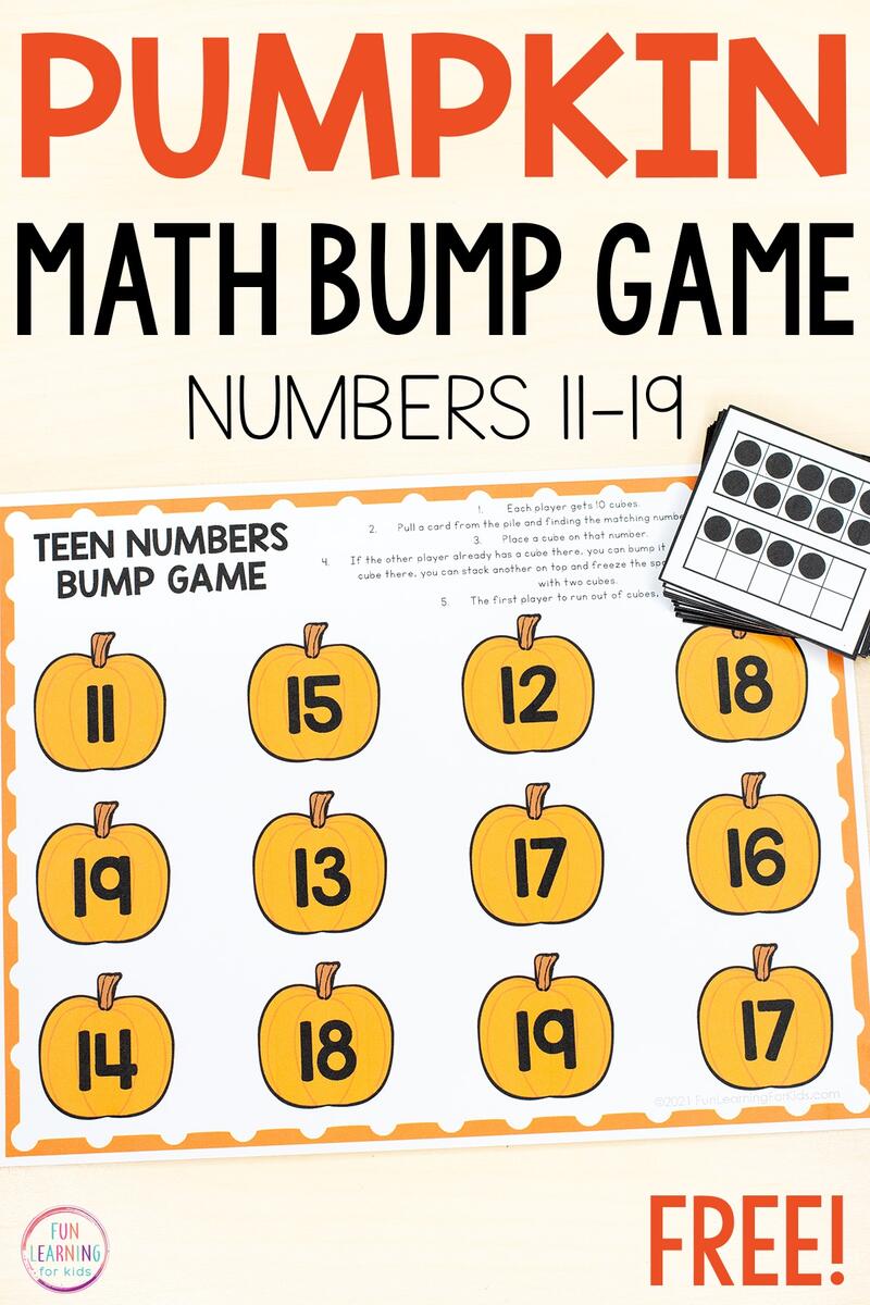 Pumpkin Teen Numbers Bump Game Free Printable