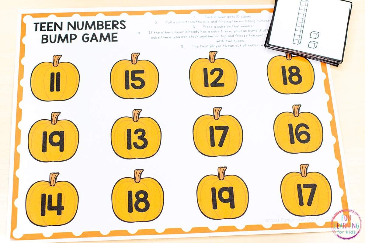 Pumpkin Teen Numbers Bump Game Free Printable