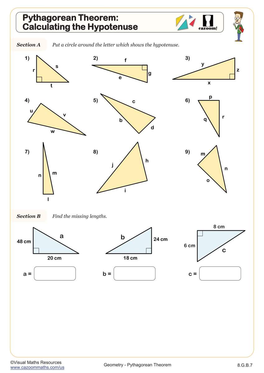 Pythagorean Theorem Calculating The Hypotenuse Worksheet PDF Printable Geometry Worksheet Cazoom Math