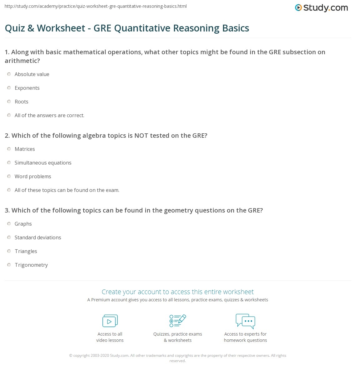 Quiz Worksheet GRE Quantitative Reasoning Basics Study Quiz Worksheet GRE Quantitative Reasoning Basics Study