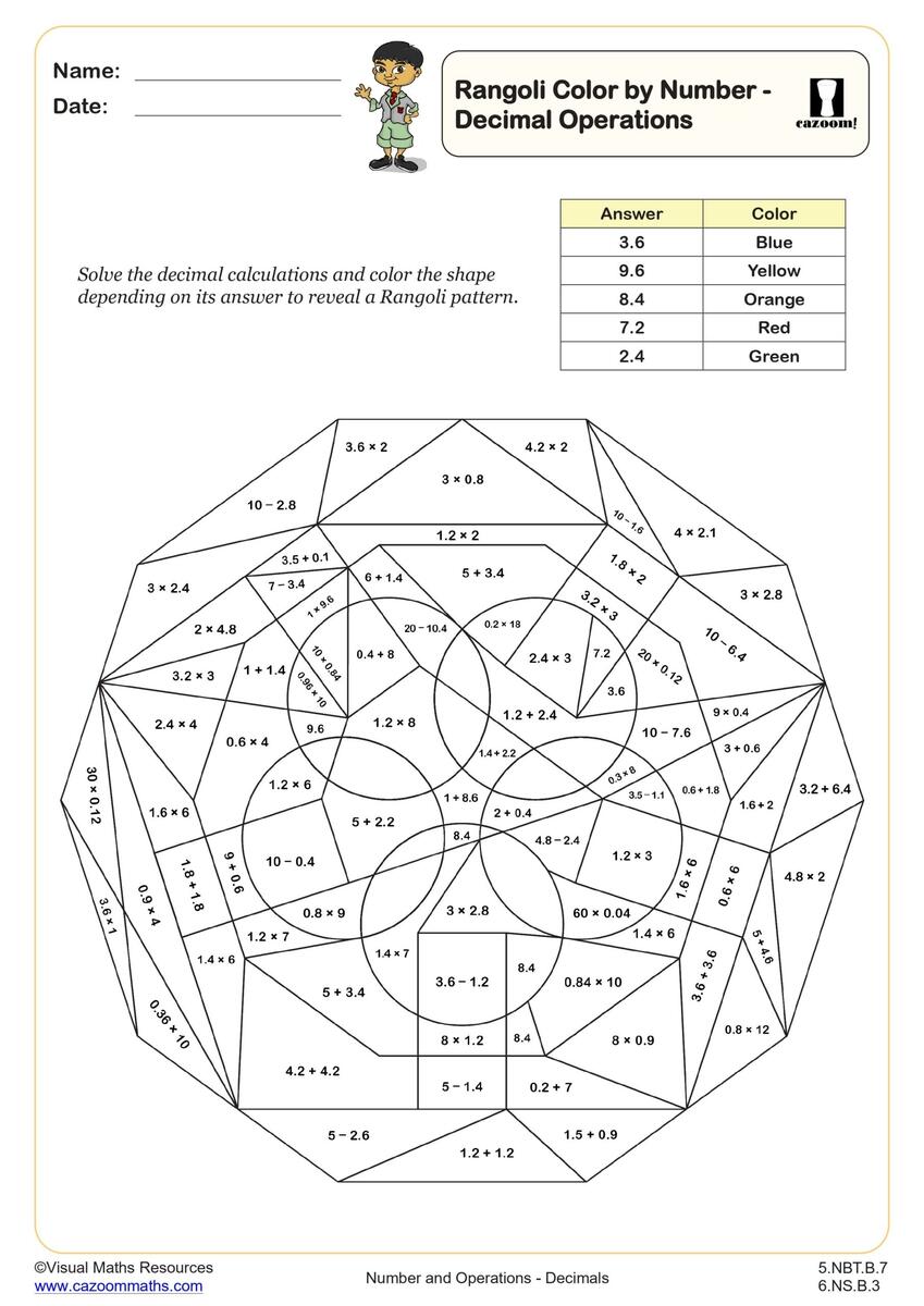 Rangoli Color By Number Decimal Operations Worksheet Printable PDF 5th And 6th Grade Number Operations Worksheet Cazoom Math Math Coloring Pages Printable PDFs By K12mathworksheets