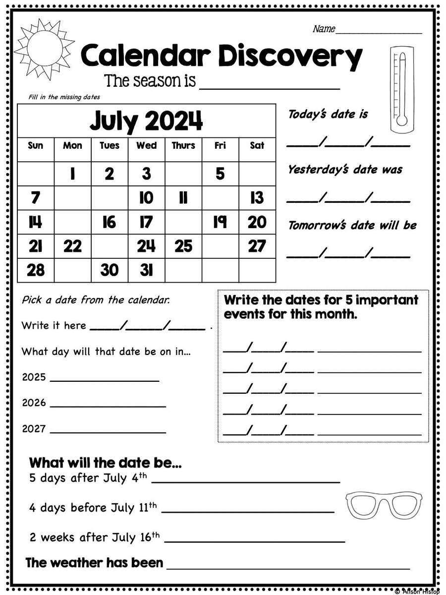 Reading Calendars Math Worksheets July 24 To July 25 Teach Calendars Month By Month Basic And Challenge Activity Etsy