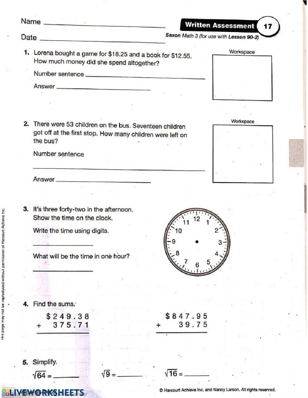 Saxon 90 2 Worksheet Worksheets Library
