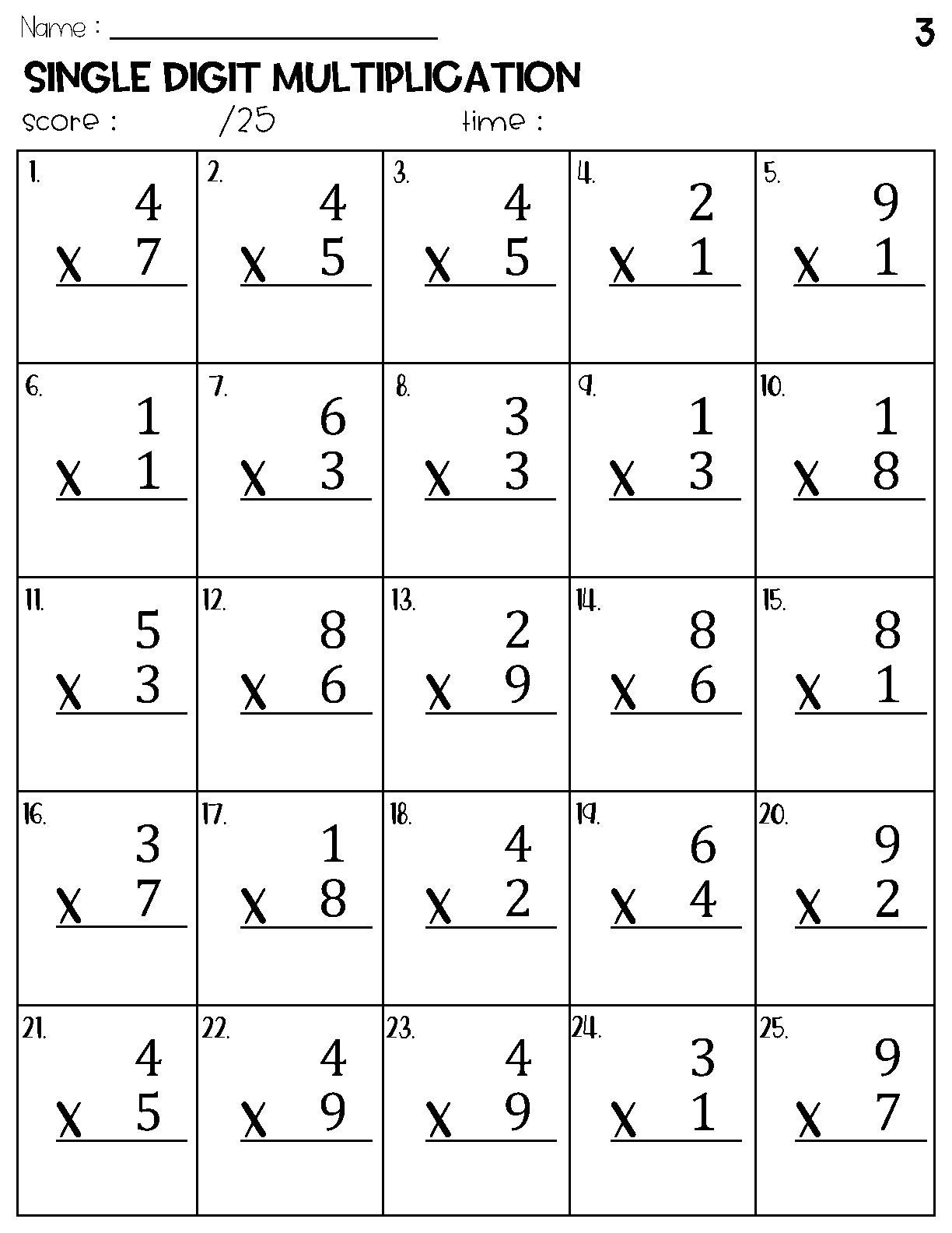 Single Digit Multiplication Worksheets Etsy