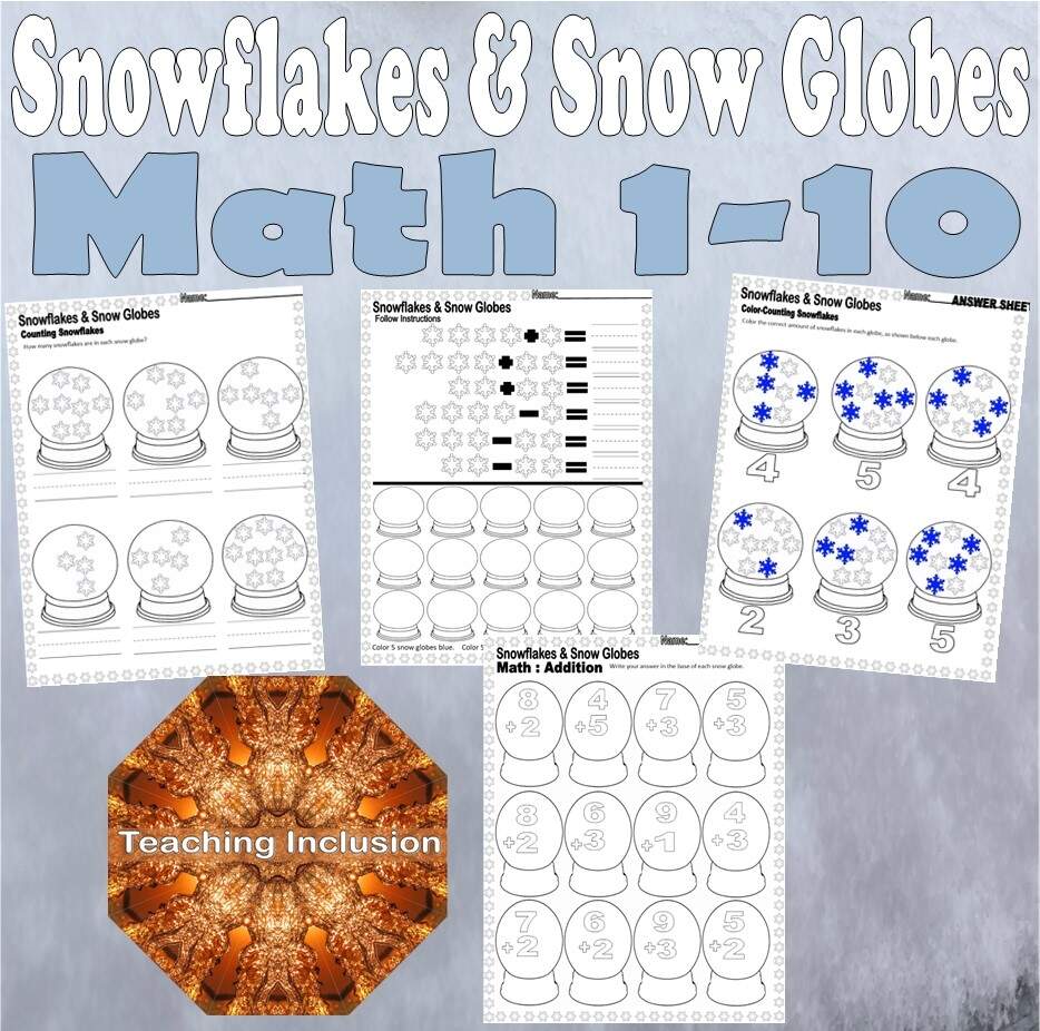 Snowflakes Snow Globes Winter Math Numbers 1 10 Addition Counting Worksheets Made By Teachers