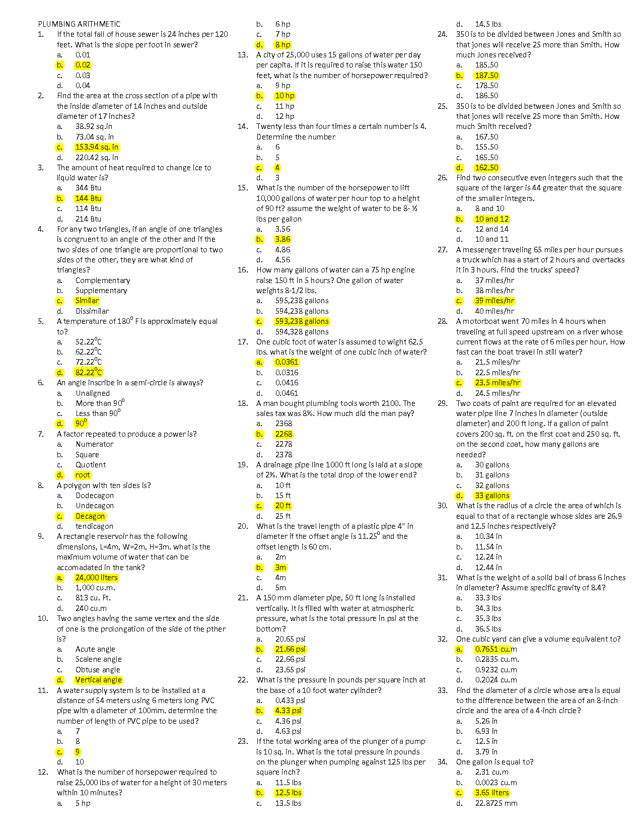 SOLUTION Preboard 1 Plumbing Arithmetic Answer Key Studypool Worksheets Library