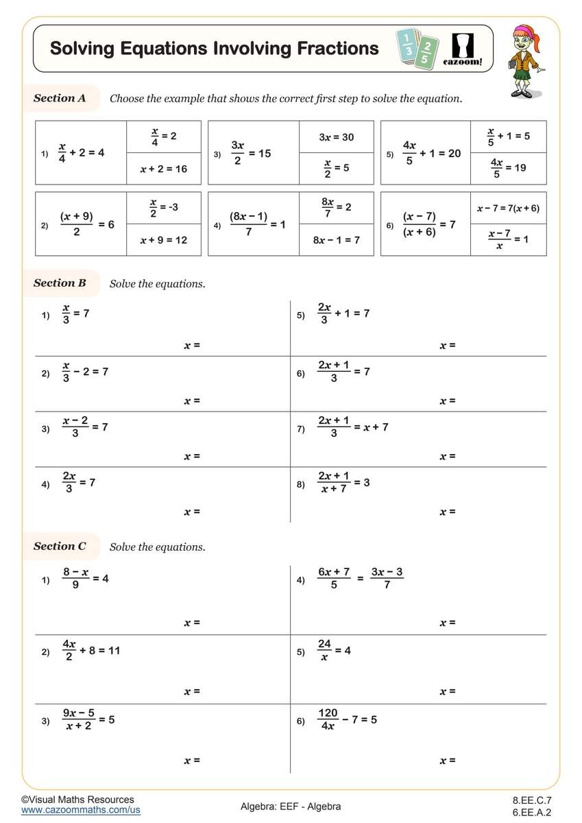 Solving Equations Involving Fractions Worksheet Fun And Engaging 6th Grade And 8th Grade Algebra EEF Worksheet Cazoom Math Solving Equations With Fractions Worksheet Pin On Printable Blank Worksheets Library