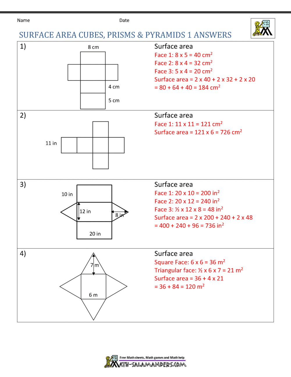 Surface Area Worksheet 6th Grade Volume And Surface Area Of Various Shapes K12 Math Worksheets