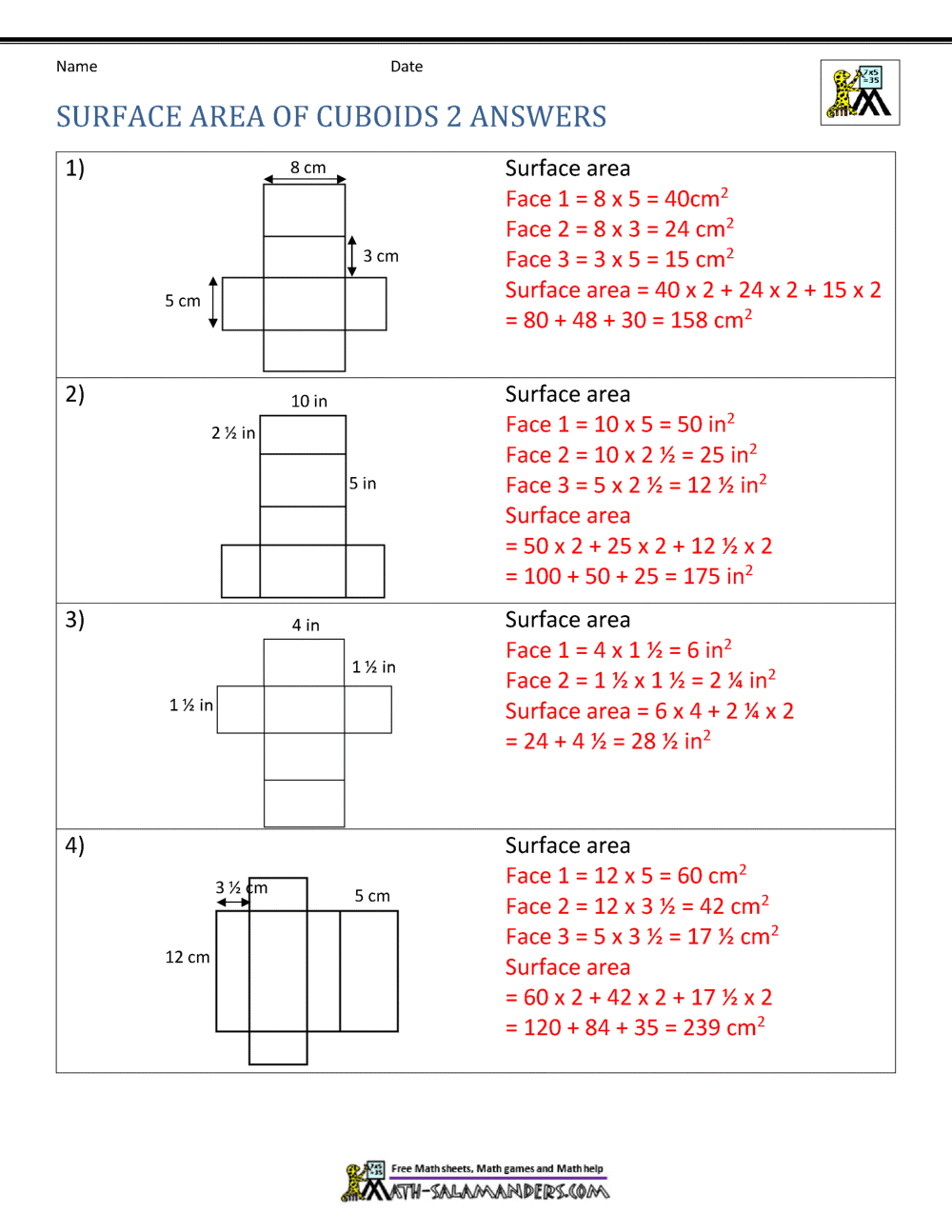 Surface Area Worksheet 6th Grade