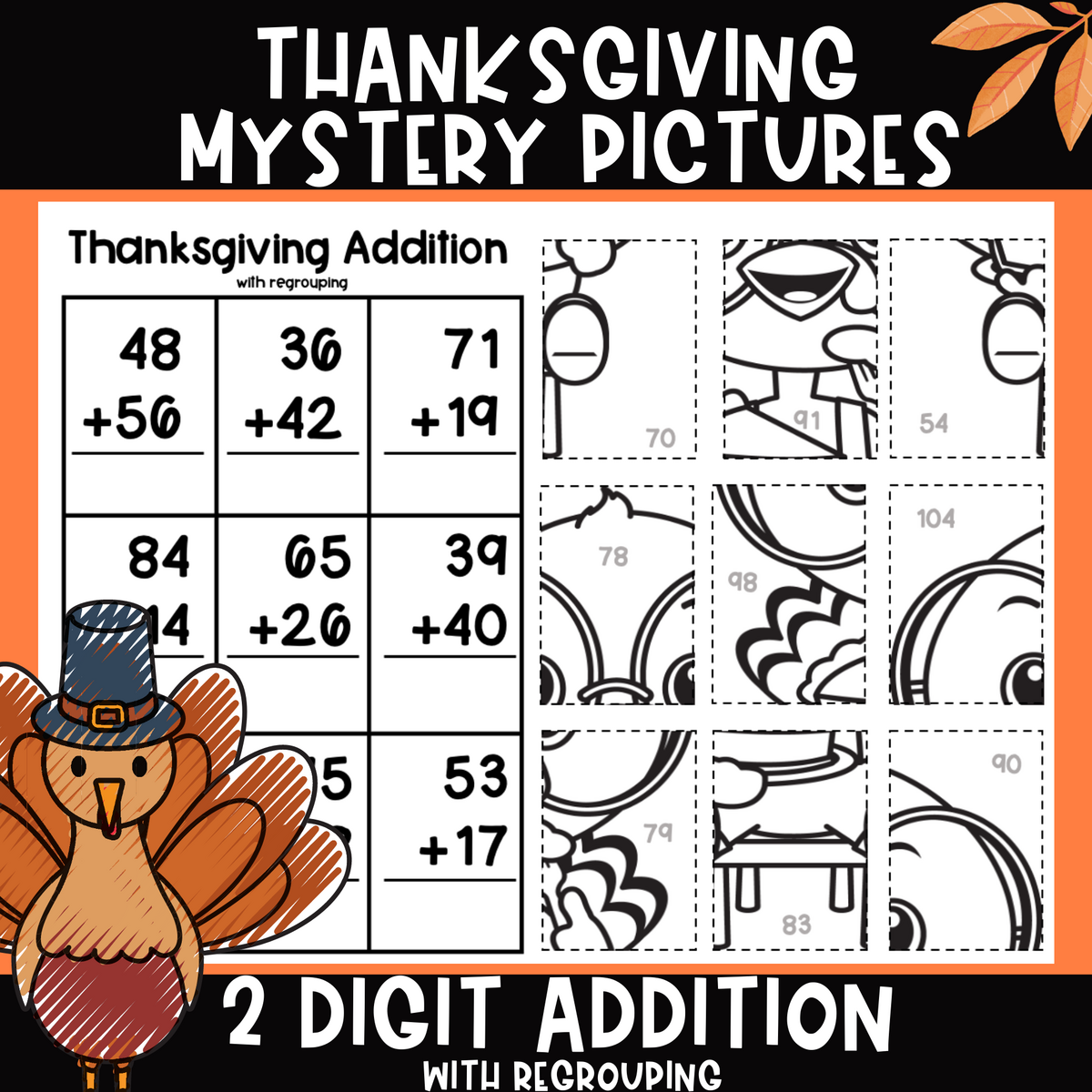 Thanksgiving Math 2 Digit Addition With Regrouping Mystery Pictures
