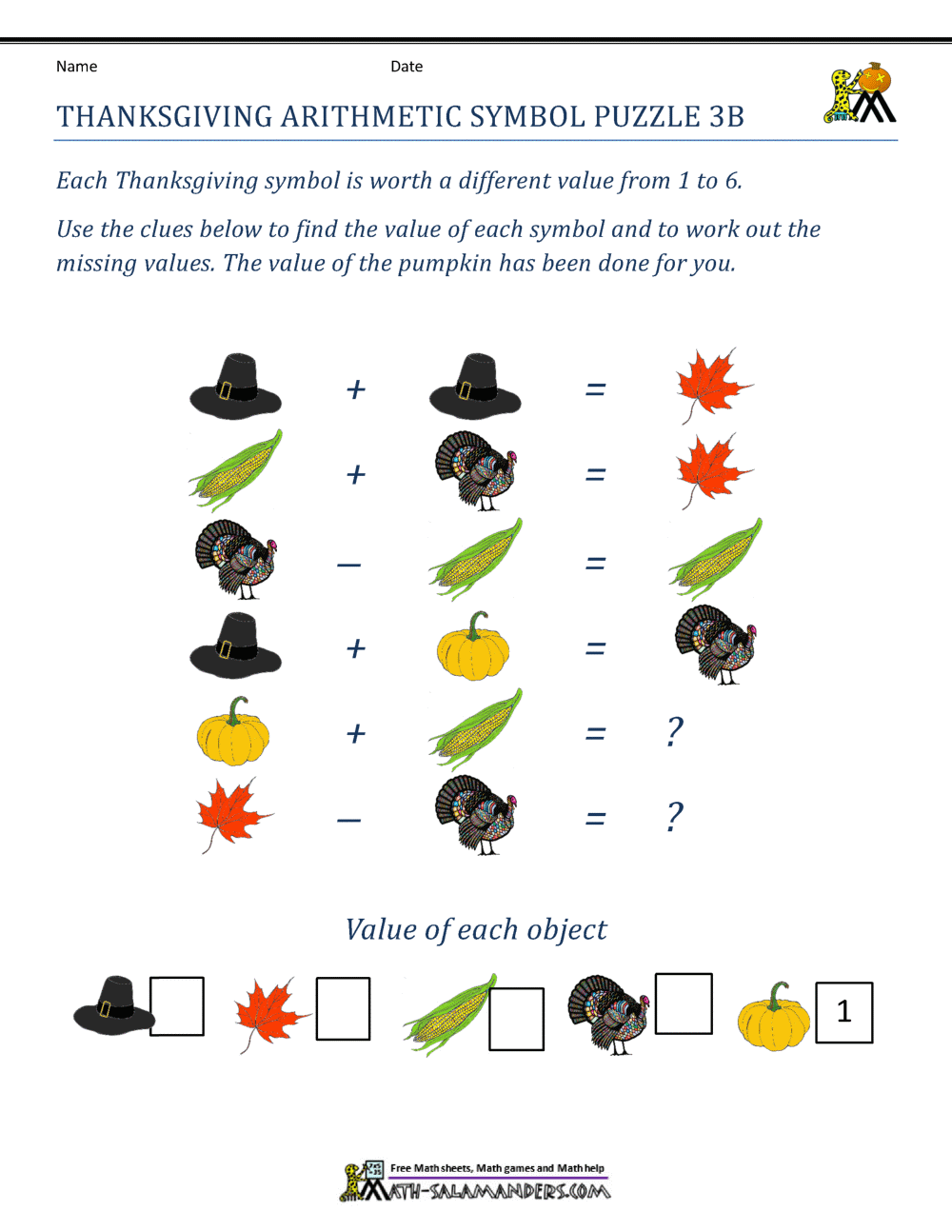 Thanksgiving Math Puzzles Thanksgiving Math Puzzles