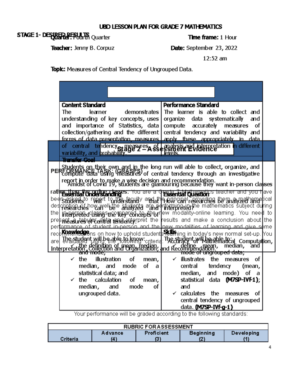 UbD Stage 1 3 Grade 7 Math Lesson Plan On Central Tendency Studocu UbD Stage 1 3 Grade 7 Math Lesson Plan On Central Tendency Studocu