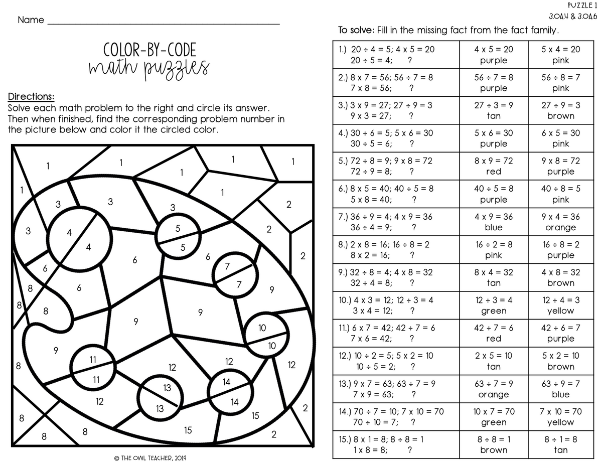 Unknown Number In An Equation Color By Number Color By Code The Owl Teacher