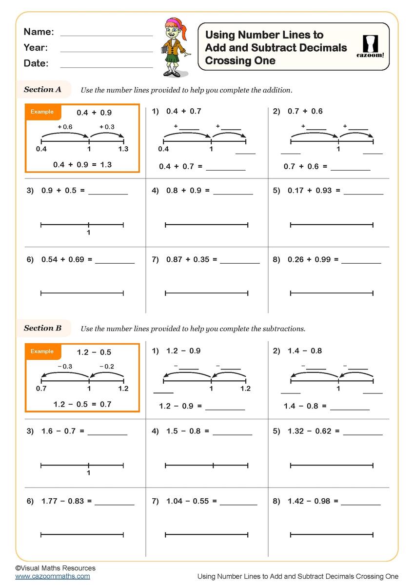 Using Number Lines To Add And Subtract Decimals Crossing One Worksheet PDF Printable Number Worksheets