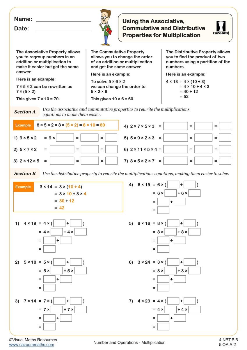 Using The Associative Commutative And Distributive Properties For Multiplication Worksheet Printable PDF 4th And 5th Grade Number Operations Worksheet Cazoom Math Using The Associative Commutative And Distributive Properties For Multiplication Worksheet Printable PDF 4th And 5th Grade Number Operations Worksheet Cazoom Math