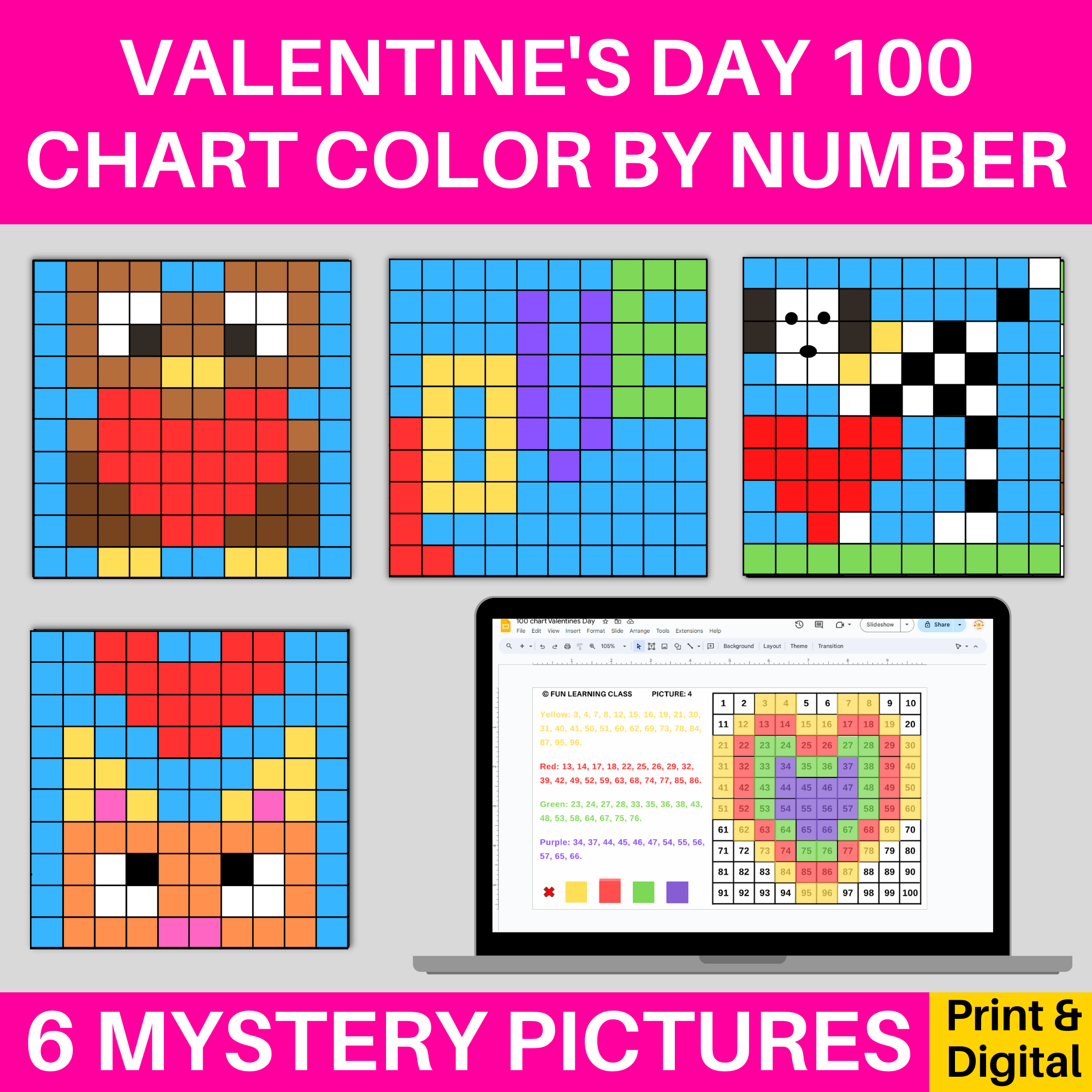 Valentines Day 100s Hundred Chart Mystery Pictures Coloring Pages Digital Print Made By Teachers