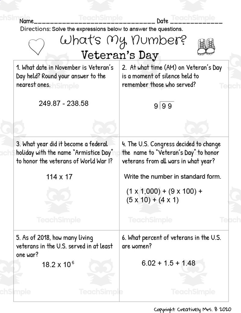 Veteran S Day Math Trivia Worksheet By Teach Simple VETERANS DAY COLOR BY NUMBER CODE MULTIPLICATION MATH ACTIVITIES 4TH 5TH GRADE Classful