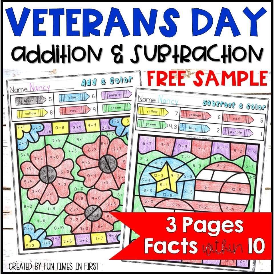 Veterans Day Color By Number Addition Subtraction Mixed Practice FREE Fun Times In First