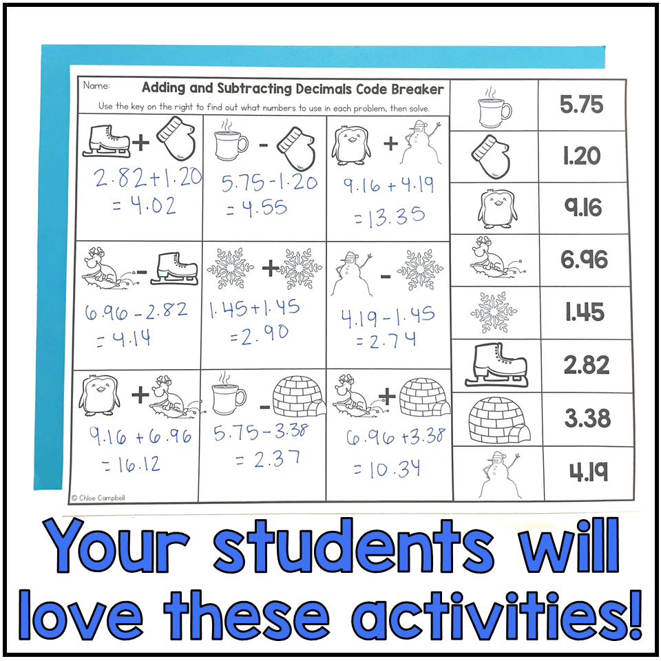 Winter Adding Subtracting Decimals 5th Grade Winter Math Worksheets Chloe Campbell Education