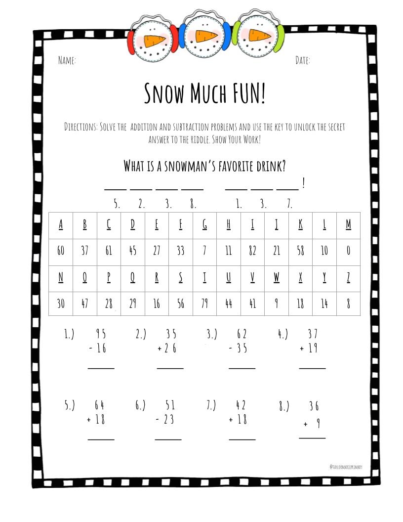 Winter Math Secret Code Riddle Worksheets 2 Digit Addition Subtraction Made By Teachers Valentine S Day Math Riddle Worksheets Two Digit Addition Mixed Regrouping Made By Teachers