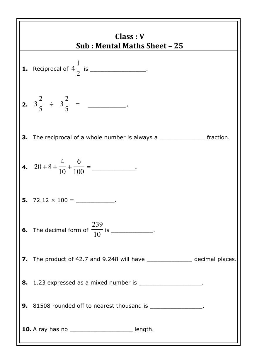 Worksheet For Class 5 Maths Mental Maths Assignment 6 IndCareer Docs